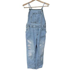 Zara Denim Bib Overalls Straight Casual Distressed Front Pocket Jeans S Blue